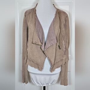 Free People Distressed Cropped Moto Jacket Small Brown Champagne Knit Quilt